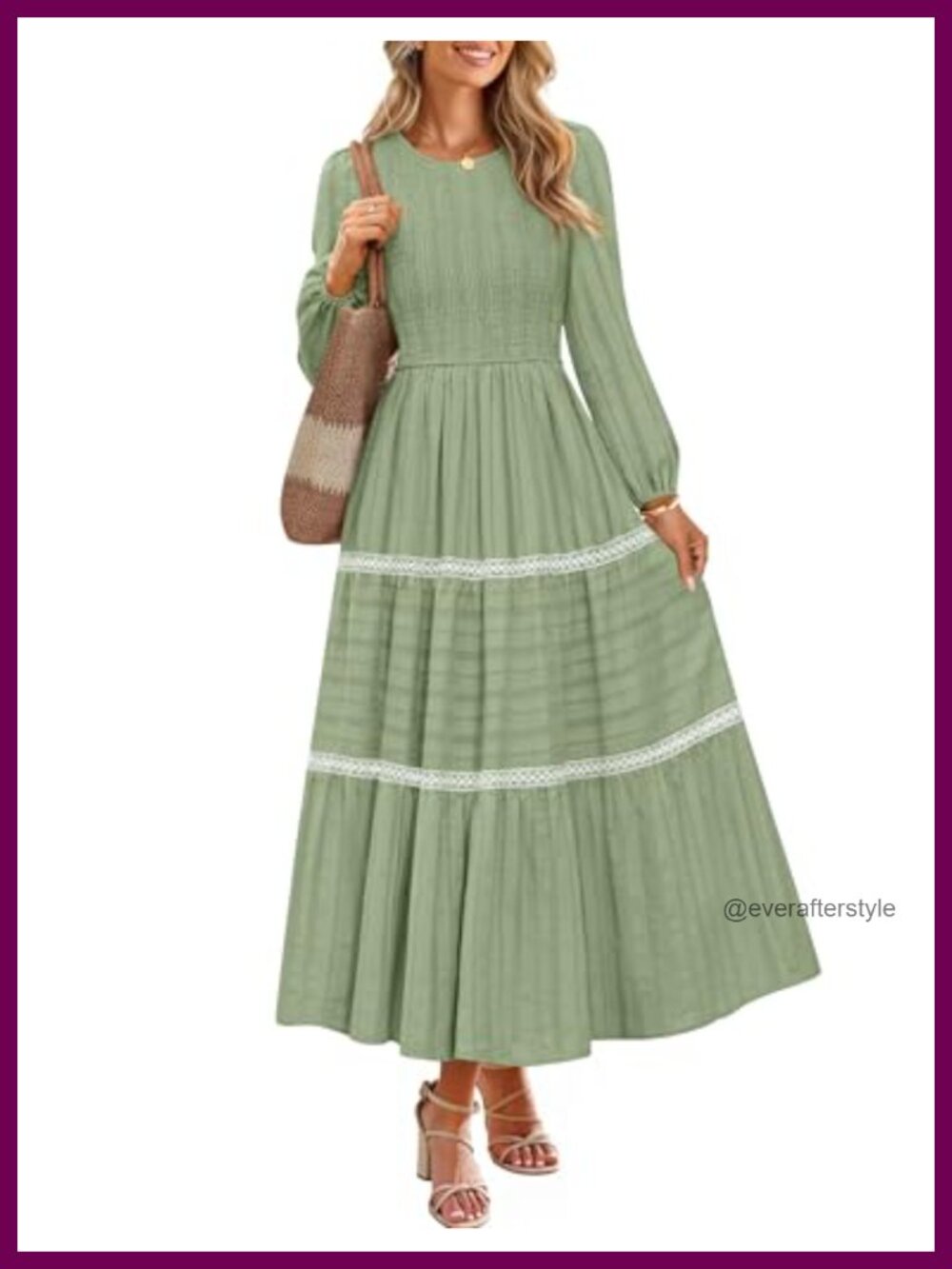 Long Sleeve Casual Maxi Dress A-Line Tiered Smocked High Waist